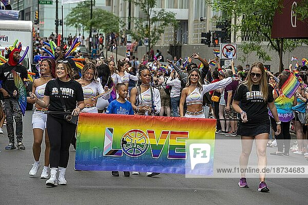 Detroit  Michigan USA  11 June 2023  Gay  lesbian  bisexual  and transgender activists and their allies march for equality in the Motor City Pride parade. A group from the Detroit Pistons joined the parade