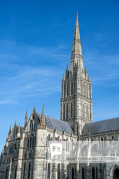 Die Salisbury Kathedrale im gotischen Baustil von Nordosten gesehen  Salisbury  Wiltshire  England  Großbritannien  Europa