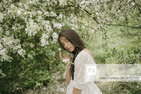 Portrait of teenage girl (16-17) with blooming apple tree