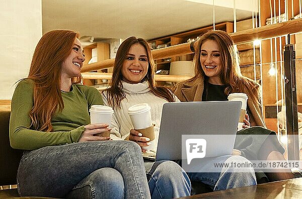 Fröhliche Frauen mit Kaffee zum Mitnehmen  die lächelnd auf ihrem Laptop surfen  während sie sich in der Cafeteria am Wochenende ausruhen