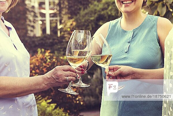 Gruppe von stilvollen glücklichen Frauen versammeln sich im Sommer für die Partei und genießen Zeit zusammen trinken Weißwein