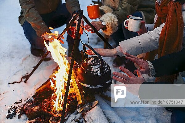 Eine Gruppe von Freunden versammelt sich um ein Lagerfeuer im Hinterhof  trinkt Tee und wärmt sich die Hände. Zwei glückliche Paare  die sich entspannen und die Wintersaison genießen  während sie am Feuer sitzen. Outdoor Winter unterhaltsam