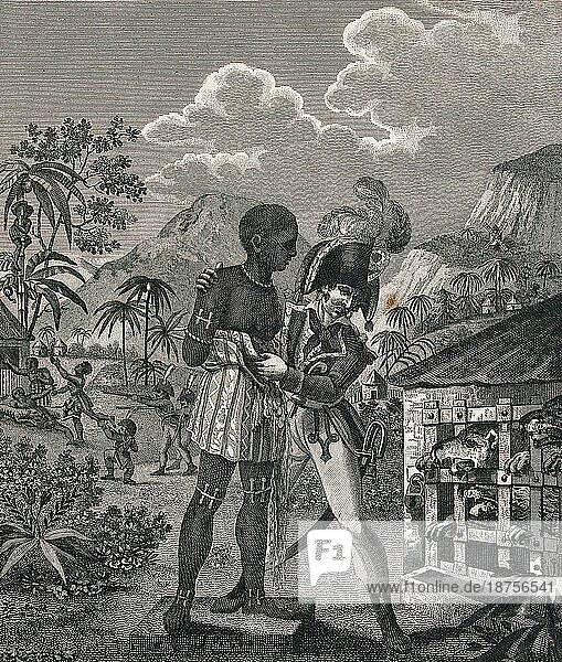 Französische Seeleute verfüttern gefesselte schwarze Sklaven in San Domingo an Bluthunde  1805  Historisch  digital restaurierte Reproduktion von einer Vorlage aus dem 19. Jahrhundert