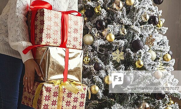Ausgeschnittene Aufnahme einer Frau  die einen Stapel Weihnachts oder Neujahrsgeschenke für Familienmitglieder und Verwandte in der Hand hält  während sie in der Nähe eines geschmückten Tannenbaums steht  eine nicht erkennbare Frau legt Weihnachtsgeschenke unter den Baum