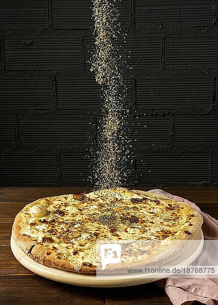 Hoher Winkel getrocknete Kräuter bestreut Pizza. Foto mit hoher Auflösung