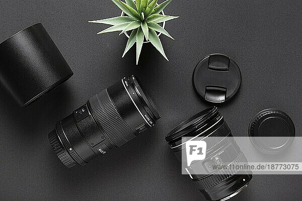 Flat lay Fotografie Konzept schwarzen Hintergrund. Auflösung und hohe Qualität schönes Foto