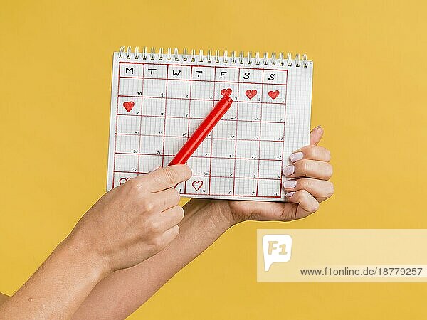 Hände halten roten Stift Zeitraum Kalender Vorderansicht
