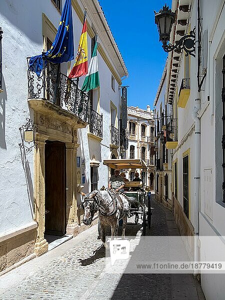 RONDA  ANDALUCIA  SPANIEN - 8. MAI: Touristen genießen eine Fahrt in einer Pferdekutsche in Ronda  Spanien  am 8. Mai 2014. Drei nicht identifizierte Personen  Europa