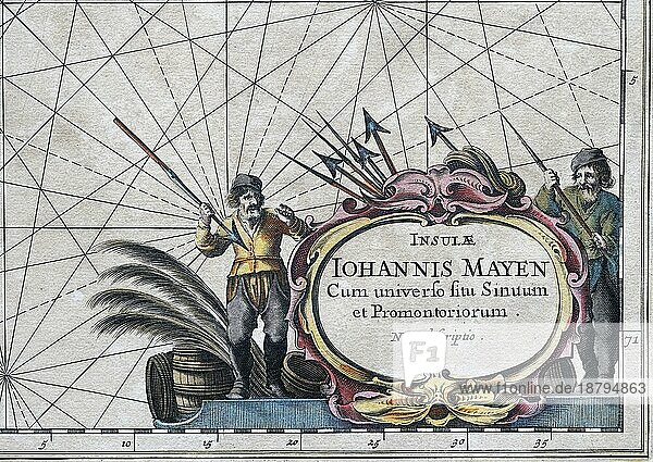 Atlas Maritimus  Figürliche Kartusche mit Waljägern  Jan Mayen  Detail Insulae Johannis Mayen nova descriptio  handkolorierter Kupferstich von J. Janssonius  1650 aus