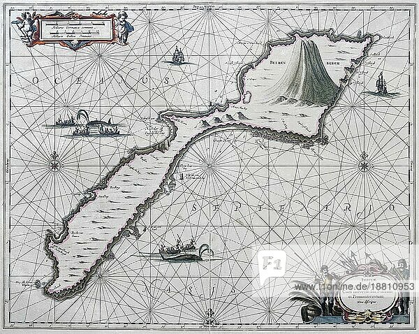Atlas Maritimus  Jan Mayen  Insulae Johannis Mayen nova descriptio  handkolorierter Kupferstich von J. Janssonius  1650 aus