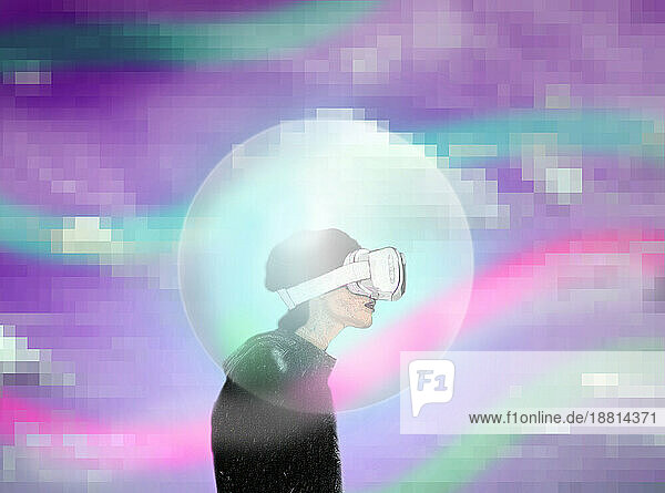 Illustration einer Blase  die eine Frau mit VR-Set schützt