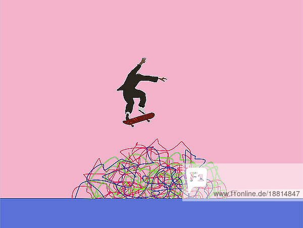 Illustration eines Mannes  der über ein verworrenes Durcheinander Skateboard fährt