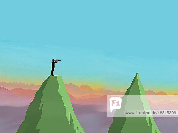 Illustration eines Mannes  der auf einem Berggipfel steht und durch ein Teleskop auf einen anderen Gipfel blickt