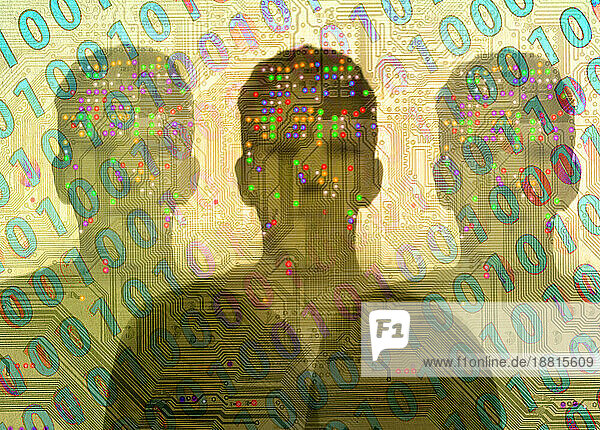 Silhouette eines Menschen überlagert mit Binärcode