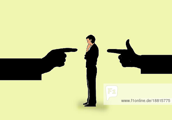 Illustration of two hands pointing at man