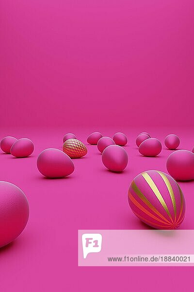 Viele rosa Ostereier mit goldenem Ei auf einem rosa Hintergrund  moderne Ostern Hintergrund  3d Rendering