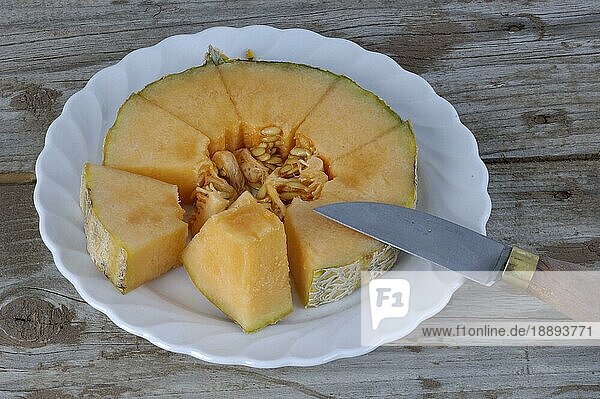 Cantaloupe-Melone auf Teller mit Messer (Cucumis melo) (Cucurbitaceae)