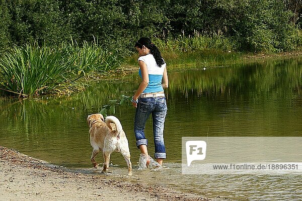 Frau mit Labrador-Retriever beim Spaziergang