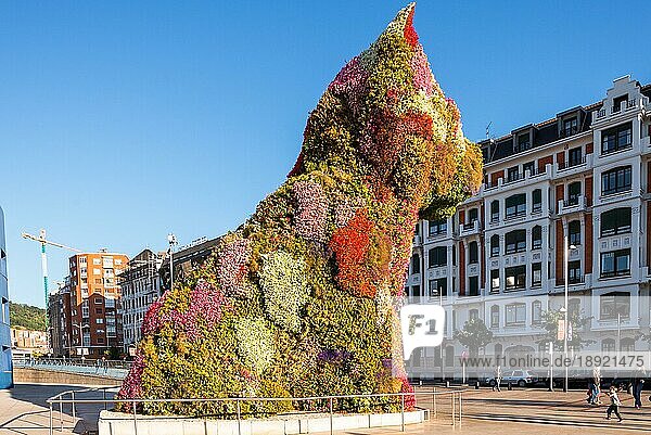 Jeff Koons Welpe  ein West Highland White Terrier in einer Vielzahl von Blumen  in der baskischen Stadt Bilbao und vor dem Guggenheim Museum. Die Stadt ist berühmt für ihre zeitgenössische Kunst
