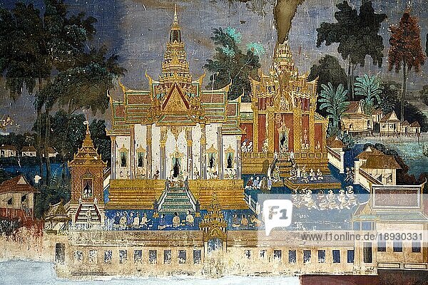 Wandgemälde mit Szenen aus der Khmer-Version (Reamker) des klassischen indischen Epos Ramayana  Königspalast  Phnom Penh  Kambodscha  Asien