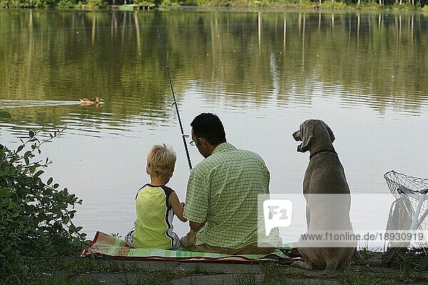 Vater und Sohn mit Weimaraner angeln  Angler