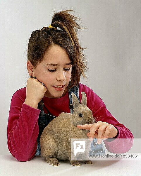 Girl with Dwarf Rabbit  Mädchen mit Zwergkaninchen  Kaninchen  innen  Studio
