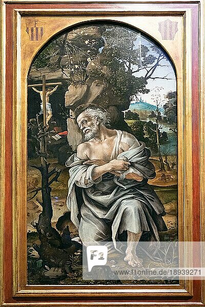 FLORENZ  TOSKANA/ITALIEN - 19. OKTOBER : Das Gemälde des büßenden Heiligen Hieronymus in den Uffizien in Florenz am 19. Oktober 2019