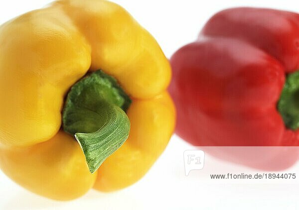 Süße rote und süße gelbe Paprika (capsicum) annuum  vor weißem Hintergrund