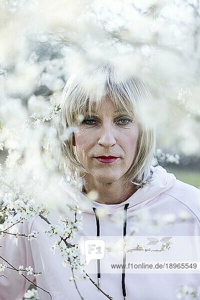 Geschminkter Transvestit mit blonder Perücke schaut durch Äste vom blühenden Baum  Portrait  Köln  Nordrhein-Westfalen  deutschland