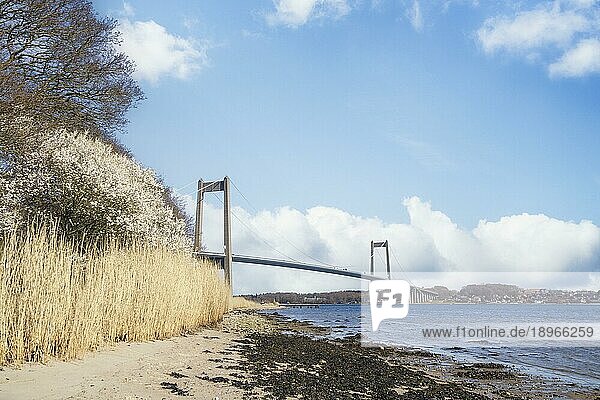 Schöne Brücke über einen Wasserdurchlass mit Sandstrand und Binsen entlang des Wassers