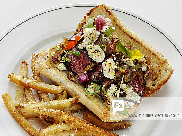 Grilled steak sandwich with caramelized onions and blue cheese  served with parmesan fries