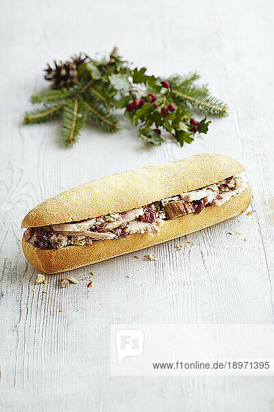 Baguette with turkey stuffing  sausage  and cranberries