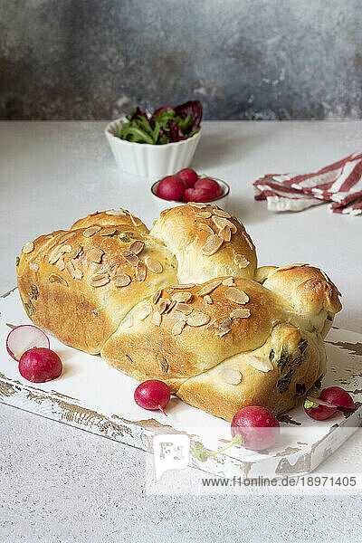Olive Brioche bread with radishes