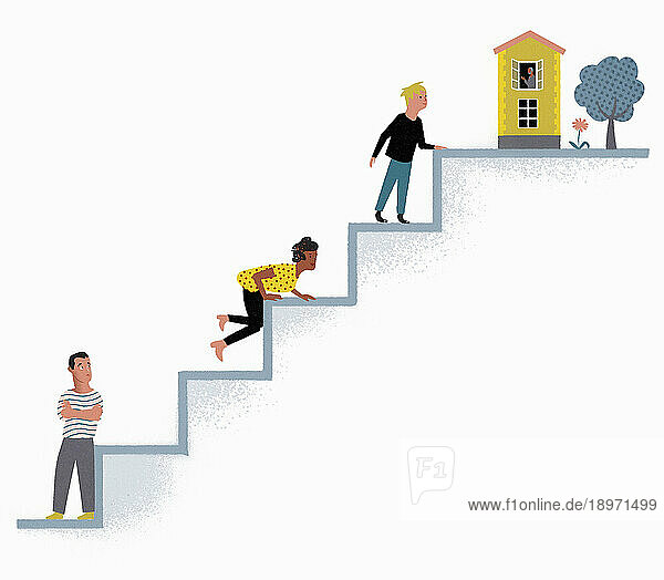 Älterer Mann in einem Haus mit jungen Leute auf einer Treppe davor