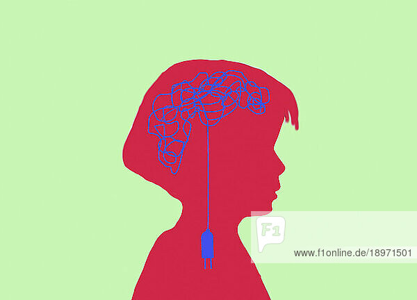 Abgezogenes Kabel bildet Gehirn im Kopf eines Kindes