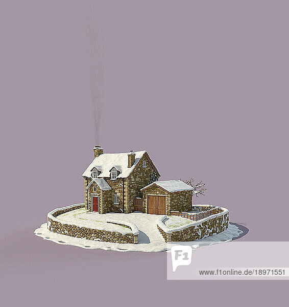 Idyllic stone cottage in winter snow