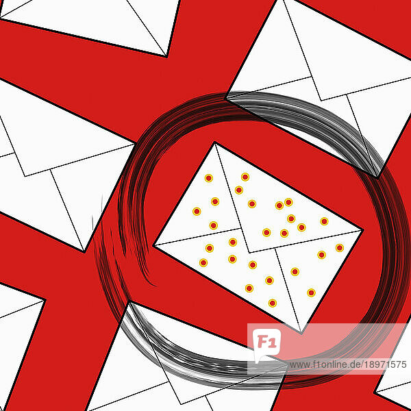 Kreis um E-Mail-Umschlag mit Virenflecken