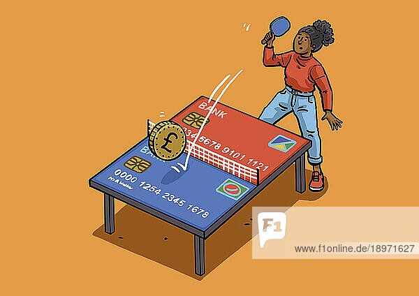 Frau spielt Tischtennis mit Pfundmünze als Ball und Kreditkarten als Tischtennisplatte