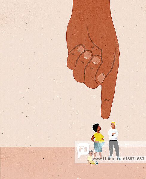 Large hand pointing to family
