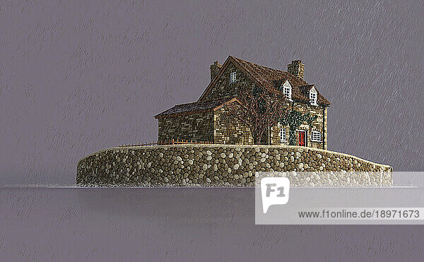 Secluded stone cottage in pouring rain