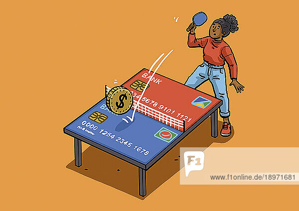 Woman hitting dollar coin ball on two credit cards forming table tennis table