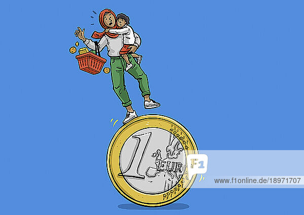 Frau  die mit Kind und Einkäufen auf einer Euro-Münze das Gleichgewicht halten muss