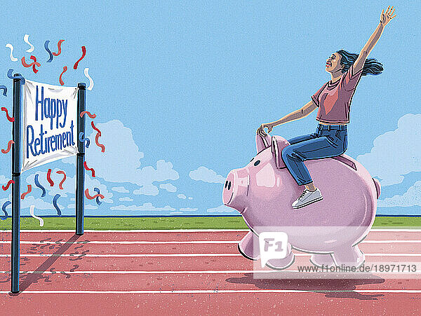 Happy woman riding piggy bank to retirement finishing line