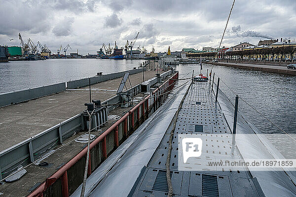 Vasilievsky Island  near Universitetskaya Naberezhnaya  the S-189 Submarine Museum  a craft built in the 1950s  view of the deck from the coning tower.
