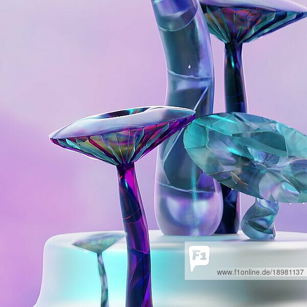 Blaue und violette Pilzfiguren aus Kristall. Edelstein Handwerk. Edelstein Schmuck. Dekorative Pilze auf rosa und violetten Hintergrund. selektiven Fokus  Nahaufnahme. Freiraum für Text 3D Render