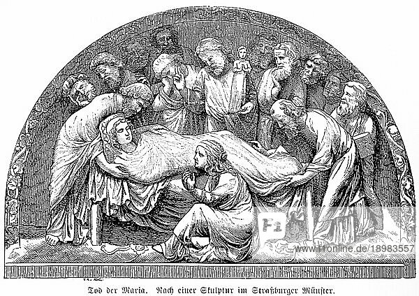 Tod der Maria  Apostel  Religion  Totenbett  Trauer  Christentum  bedeutende Frau  Bibel  Geschichte  Ave Maria  beten  historische Illustration 1894