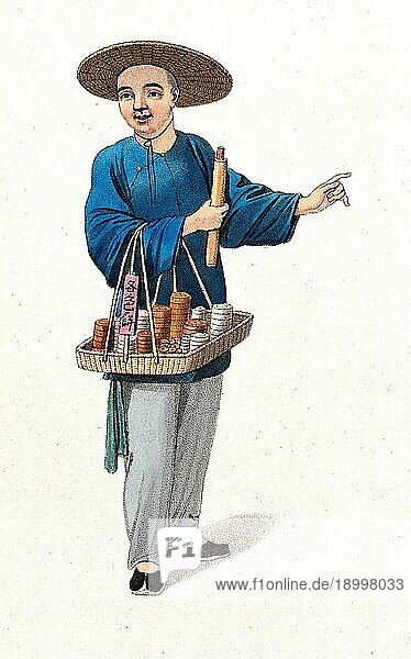 Ein chinesischer Apotheker trägt einen Korb mit verschiedenen Heilmitteln  um 1810  China  Historisch  digital restaurierte Reproduktion von einer Vorlage aus dem 19. Jahrhundert  Asien