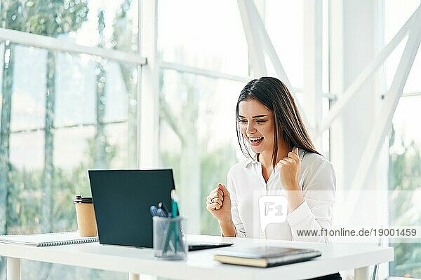 Glückliche Geschäftsfrau  die ihren Erfolg feiert und auf einen Laptop in einem modernen Büro schaut. Geschäftssieg  Triumph und Emotionen Konzept