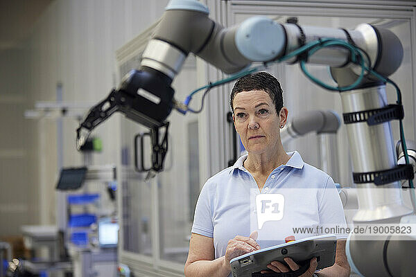 Focused mature technician examining robotic arm