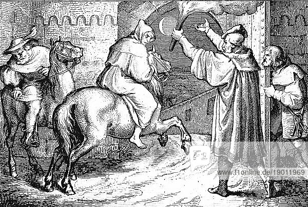 Martin Luther verläßt Augsburg zu Pferde  Stadttor  Nacht  reiten  Fackel  heimlich  Religion  16. Jahrhundert  historische Illustration um 1860